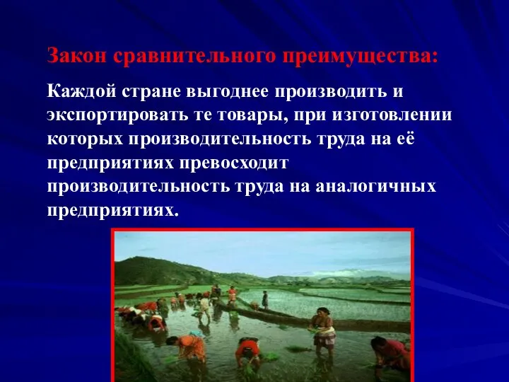 Закон сравнительного преимущества: Каждой стране выгоднее производить и экспортировать те товары, при