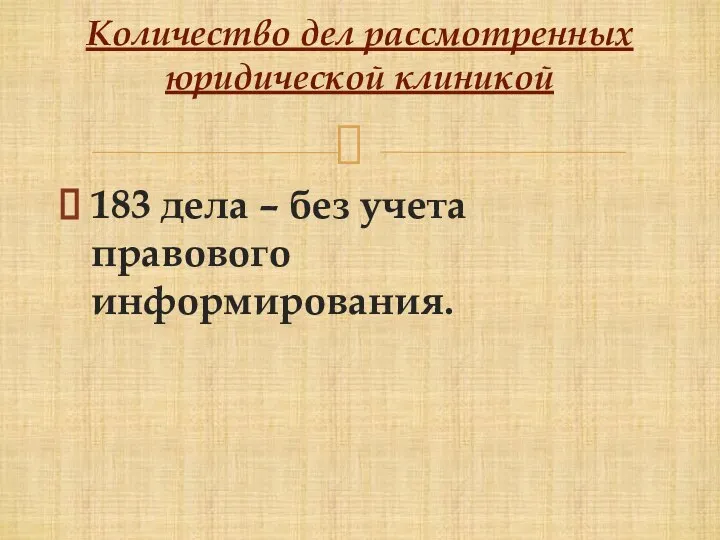 183 дела – без учета правового информирования. Количество дел рассмотренных юридической клиникой