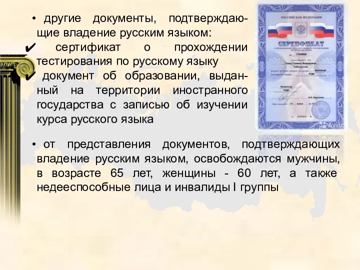 другие документы, подтверждаю-щие владение русским языком: сертификат о прохождении тестирования по русскому