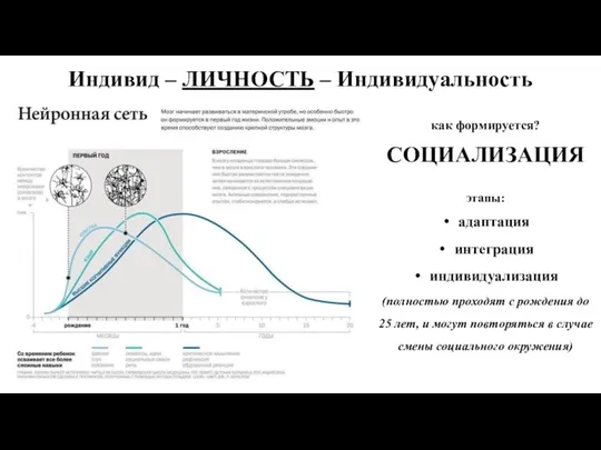 как формируется? СОЦИАЛИЗАЦИЯ этапы: адаптация интеграция индивидуализация (полностью проходят с рождения до