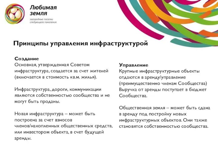 Принципы управления инфраструктурой Создание Основная, утвержденная Советом инфраструктура, создается за счет жителей