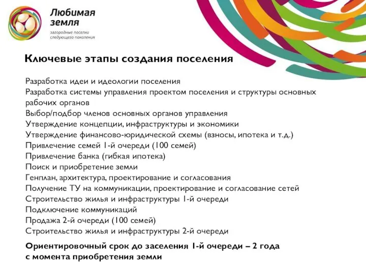 Ключевые этапы создания поселения Разработка идеи и идеологии поселения Разработка системы управления