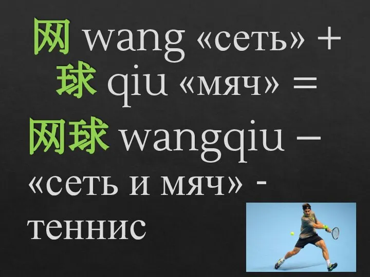 网 wang «сеть» + 球 qiu «мяч» = 网球 wangqiu – «сеть и мяч» - теннис