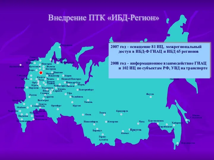 Южно-Сахалинск 2007 год – оснащение 81 ИЦ, межрегиональный доступ в ИБД-Ф ГИАЦ