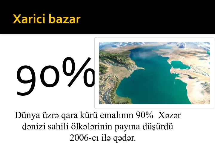 Xarici bazar 90% Dünya üzrə qara kürü emalının 90% Xəzər dənizi sahili