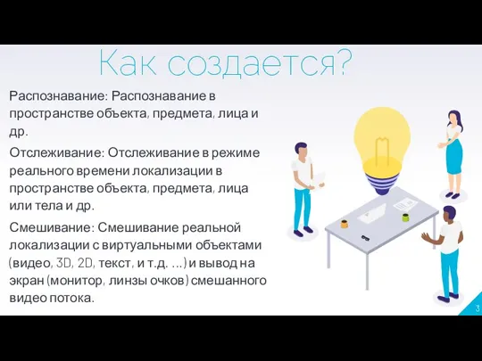 Как создается? Распознавание: Распознавание в пространстве объекта, предмета, лица и др. Отслеживание: