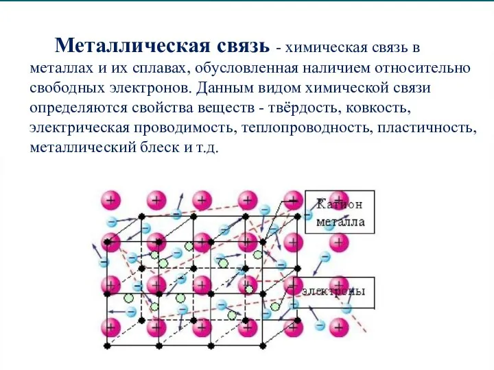 Металлическая связь - химическая связь в металлах и их сплавах, обусловленная наличием