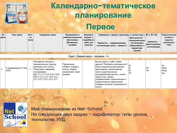 Календарно-тематическое планирование Первое полугодие. Моё планирование из Net-School. На следующих двух кадрах