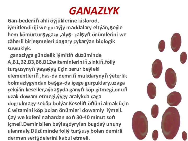 GANAZLYK Gan-bedeniň ahli öýjüklerine kislorod, iýmitlendiriji we goraýjy maddalary eltýän,şeýle hem kömürturşygazy