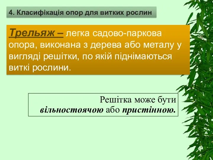 4. Класифікація опор для витких рослин Решітка може бути вільностоячою або пристінною.