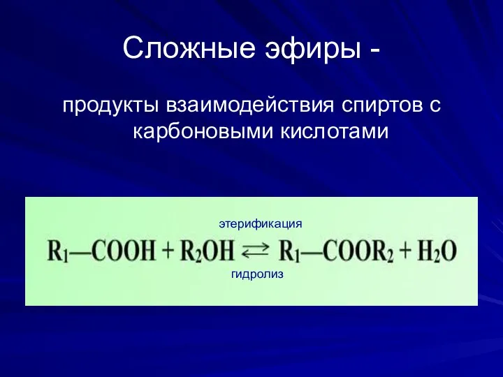 Сложные эфиры - продукты взаимодействия спиртов с карбоновыми кислотами гидролиз этерификация