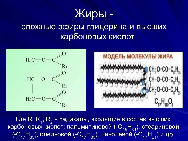 Жиры - сложные эфиры глицерина и высших карбоновых кислот Где R, R1,