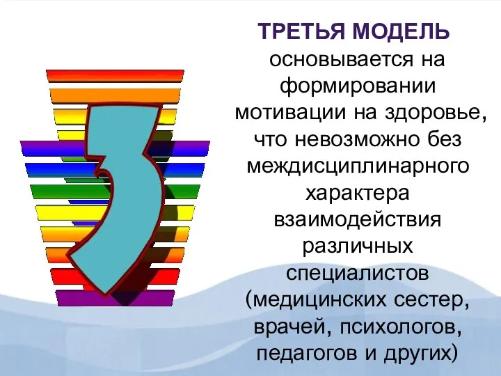 ТРЕТЬЯ МОДЕЛЬ основывается на формировании мотивации на здоровье, что невозможно без междисциплинарного