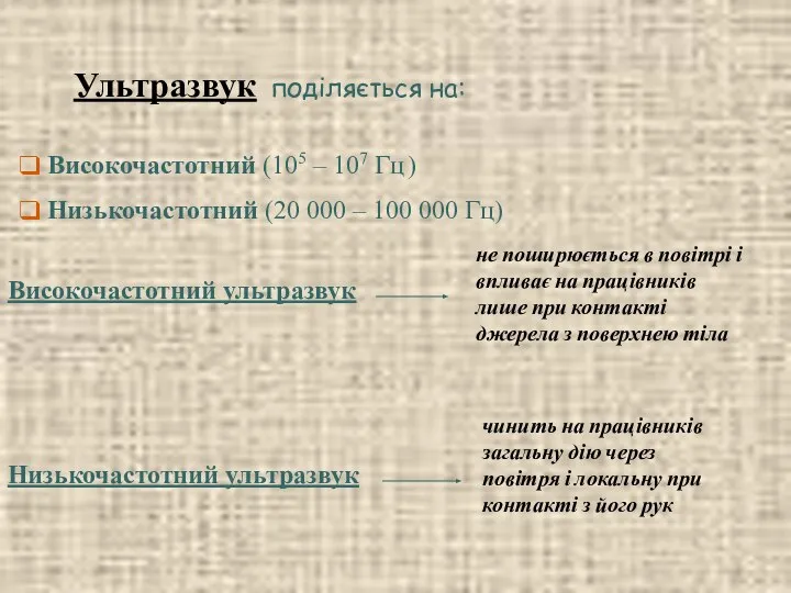 Ультразвук поділяється на: Високочастотний (105 – 107 Гц ) Низькочастотний (20 000