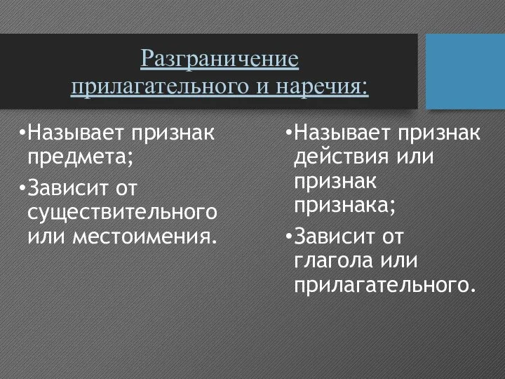 Разграничение прилагательного и наречия: Называет признак предмета; Зависит от существительного или местоимения.