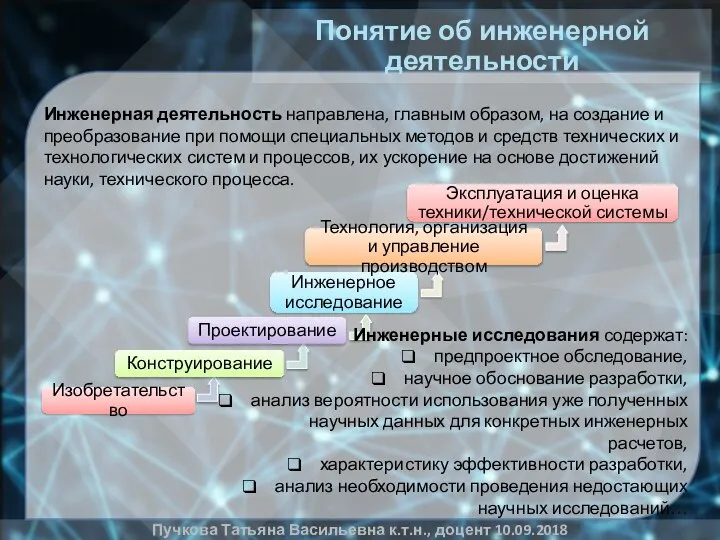 Понятие об инженерной деятельности Пучкова Татьяна Васильевна к.т.н., доцент 10.09.2018 Инженерная деятельность