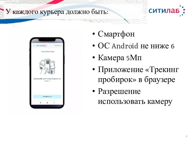 У каждого курьера должно быть: Смартфон ОС Android не ниже 6 Камера