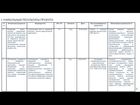 I. УНИКАЛЬНЫЕ РЕЗУЛЬТАТЫ ПРОЕКТА