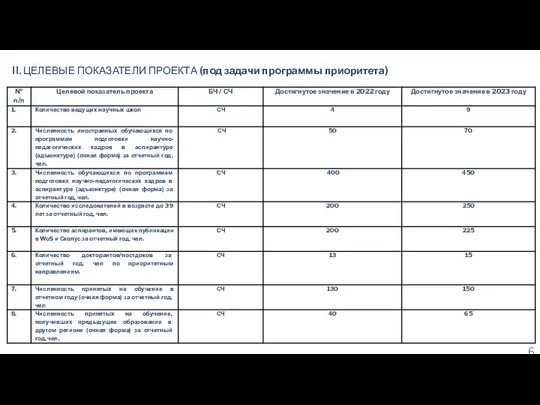 II. ЦЕЛЕВЫЕ ПОКАЗАТЕЛИ ПРОЕКТА (под задачи программы приоритета)