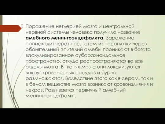 Поражение неглерией мозга и центральной нервной системы человека получило название амебного менингоэнцефалита.