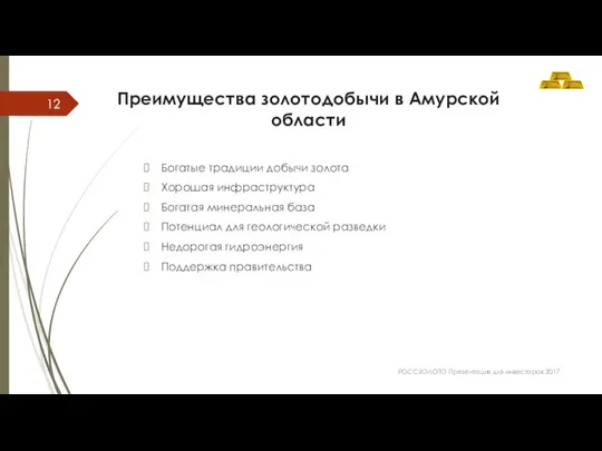 Преимущества золотодобычи в Амурской области Богатые традиции добычи золота Хорошая инфраструктура Богатая