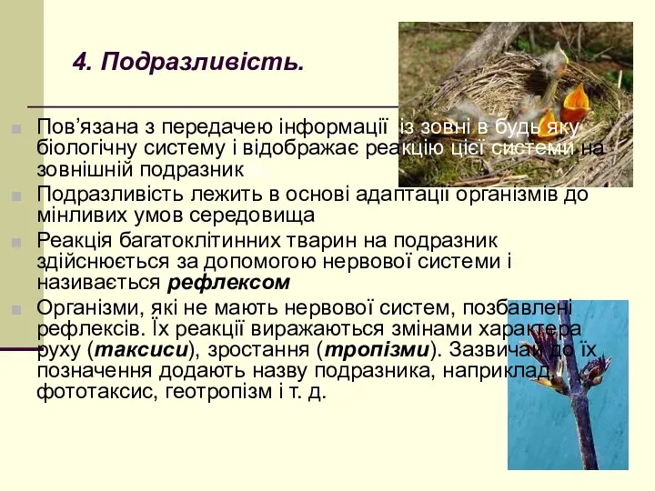 4. Подразливість. Пов’язана з передачею інформаціїі із зовні в будь яку біологічну