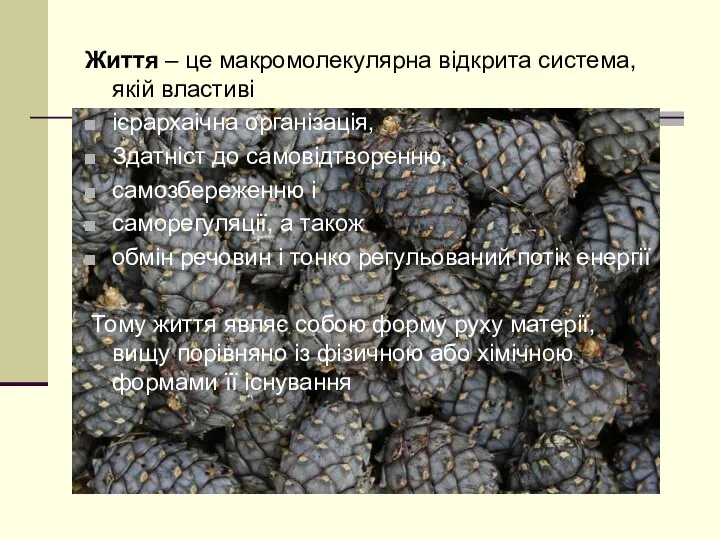 Життя – це макромолекулярна відкрита система, якій властиві ієрархаічна організація, Здатніст до