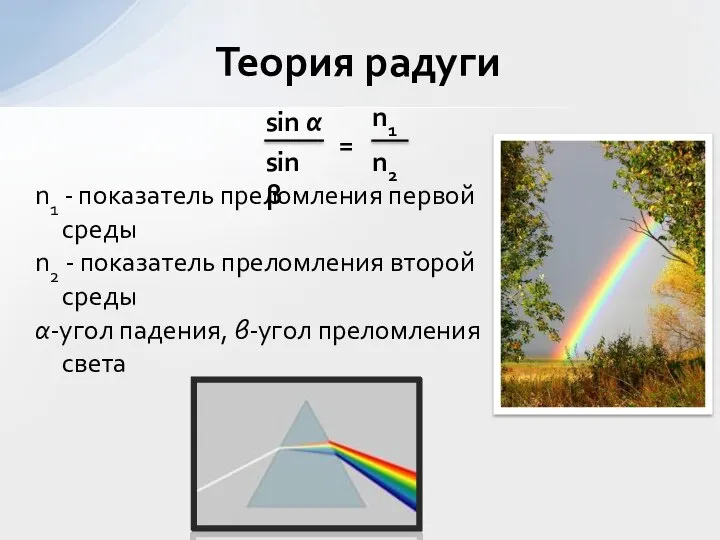 n1 - показатель преломления первой среды n2 - показатель преломления второй среды