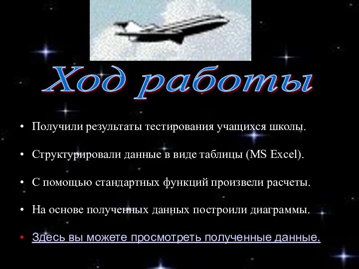 Ход работы Ход работы Получили результаты тестирования учащихся школы. Структурировали данные в