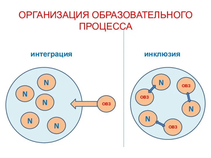 ОРГАНИЗАЦИЯ ОБРАЗОВАТЕЛЬНОГО ПРОЦЕССА интеграция инклюзия N N N N N ОВЗ ОВЗ