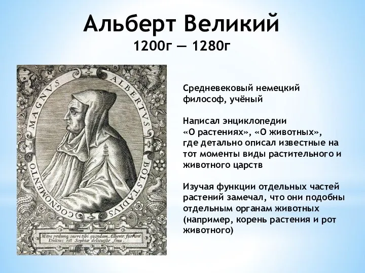 Альберт Великий 1200г — 1280г Средневековый немецкий философ, учёный Написал энциклопедии «О