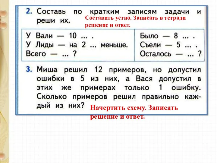 Составить устно. Записать в тетради решение и ответ. Начертить схему. Записать решение и ответ.