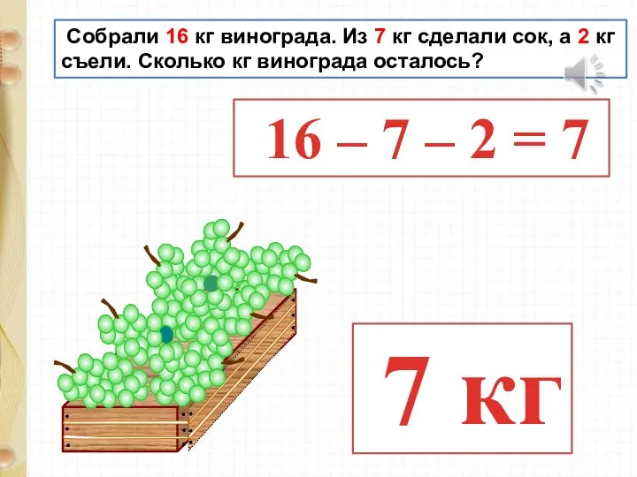 Собрали 16 кг винограда. Из 7 кг сделали сок, а 2 кг