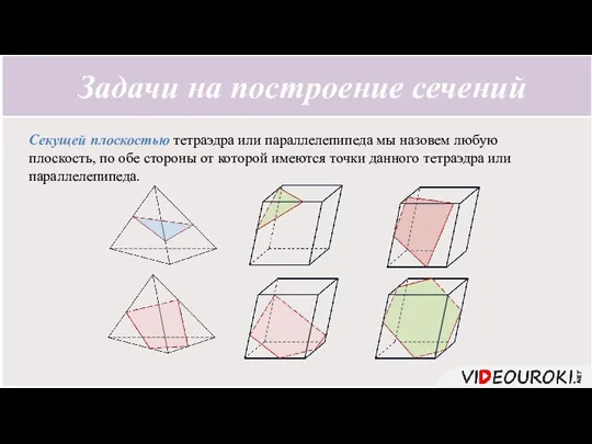 Секущей плоскостью тетраэдра или параллелепипеда мы назовем любую плоскость, по обе стороны