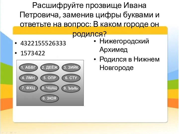 Расшифруйте прозвище Ивана Петровича, заменив цифры буквами и ответьте на вопрос: В