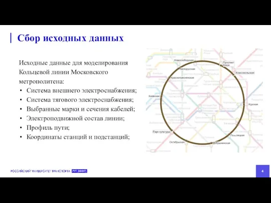 Сбор исходных данных Исходные данные для моделирования Кольцевой линии Московского метрополитена: Система