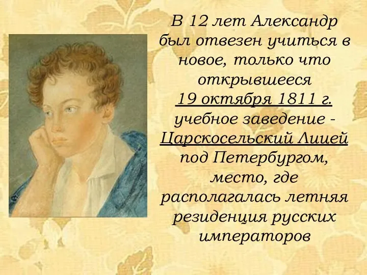 В 12 лет Александр был отвезен учиться в новое, только что открывшееся