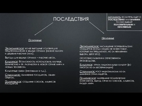 ПОСЛЕДСТВИЯ Позитивные Экономическое: более выгодные условия для предпринимателей в бедных странах (низкие