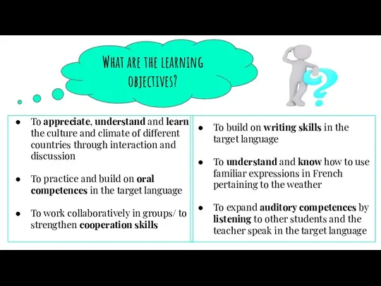 What are the learning objectives? To appreciate, understand and learn the culture