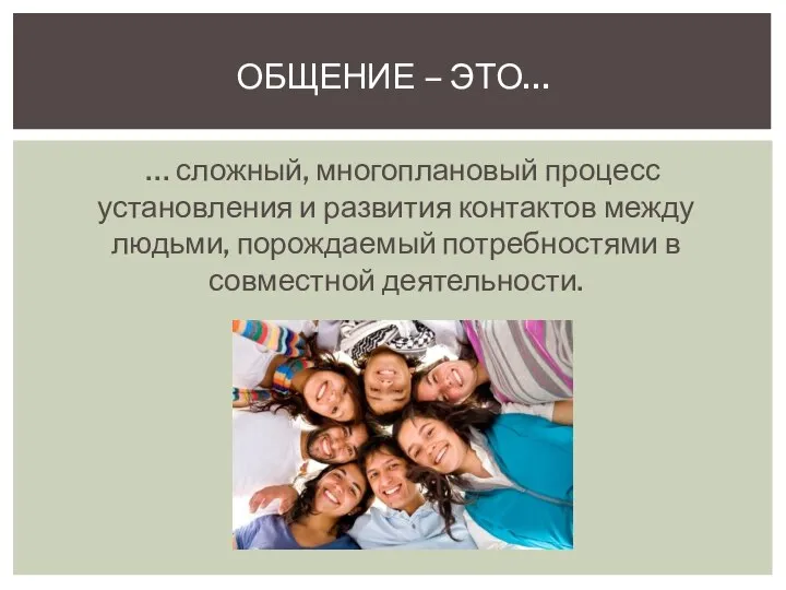 … сложный, многоплановый процесс установления и развития контактов между людьми, порождаемый потребностями