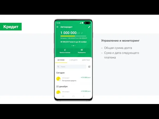 Кредит Общая сумма долга Сума и дата следующего платежа Управление и мониторинг
