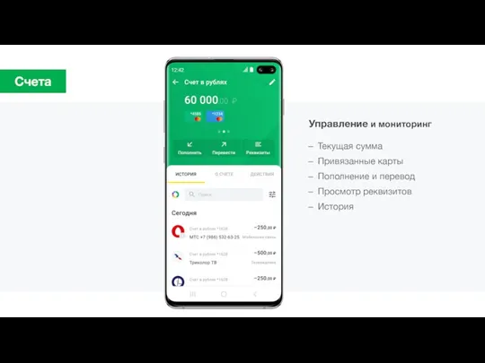 Текущая сумма Привязанные карты Пополнение и перевод Просмотр реквизитов История Управление и мониторинг Счета