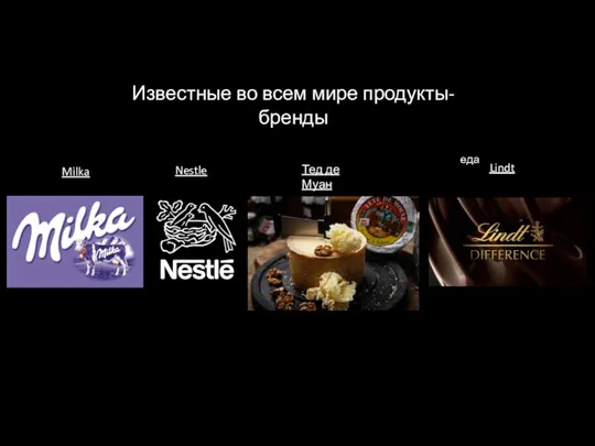 Известные во всем мире продукты-бренды еда Milka Nestle Lindt Тед де Муан