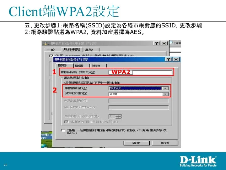 Client端WPA2設定 五、更改步驟1：網路名稱(SSID)設定為各縣市網對應的SSID，更改步驟2：網路驗證點選為WPA2，資料加密選擇為AES。 2 1 WPA2