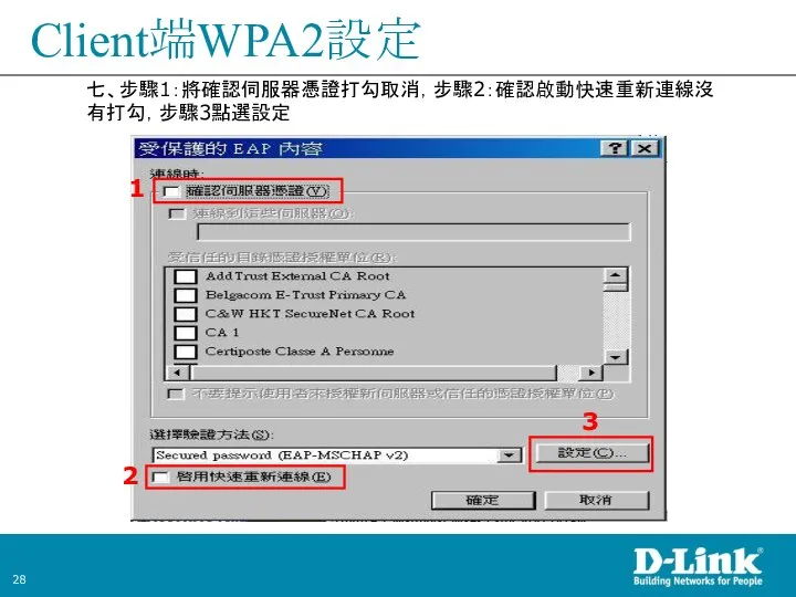 Client端WPA2設定 七、步驟1：將確認伺服器憑證打勾取消，步驟2：確認啟動快速重新連線沒有打勾，步驟3點選設定 2 1 3
