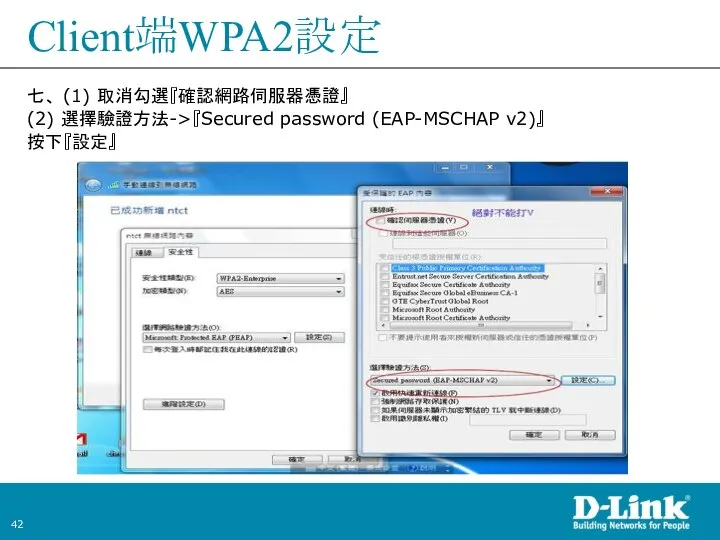 Client端WPA2設定 七、 (1) 取消勾選『確認網路伺服器憑證』 (2) 選擇驗證方法->『Secured password (EAP-MSCHAP v2)』 按下『設定』