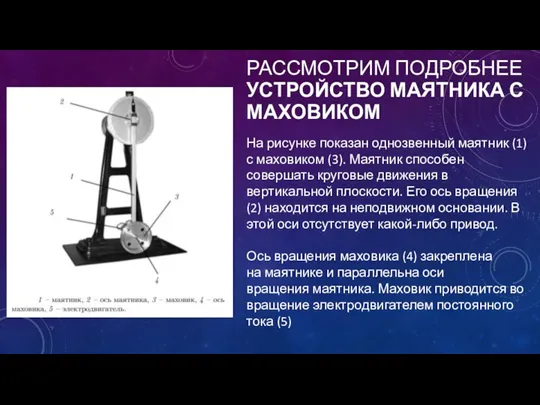 РАССМОТРИМ ПОДРОБНЕЕ УСТРОЙСТВО МАЯТНИКА С МАХОВИКОМ На рисунке показан однозвенный маятник (1)