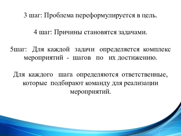 3 шаг: Проблема переформулируется в цель. 4 шаг: Причины становятся задачами. 5шаг: