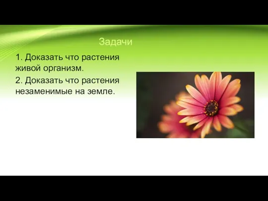 Задачи 1. Доказать что растения живой организм. 2. Доказать что растения незаменимые на земле.