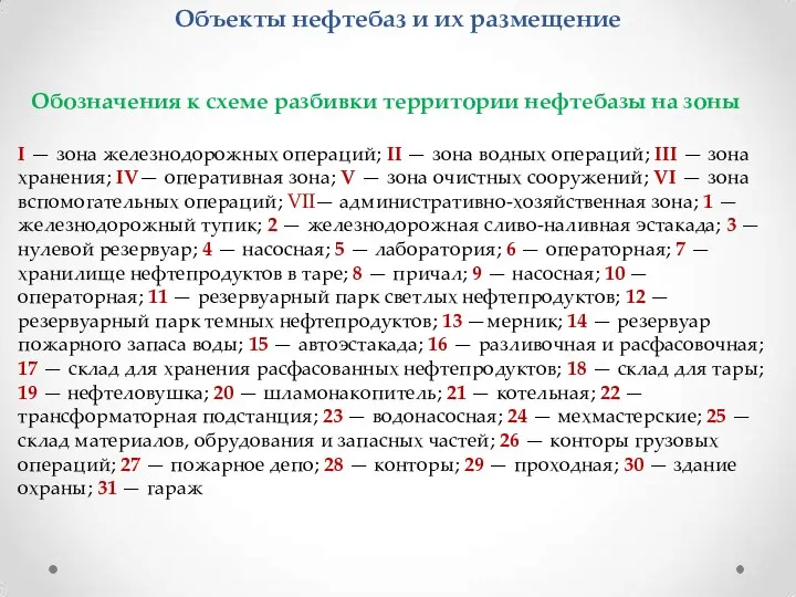 Объекты нефтебаз и их размещение Обозначения к схеме разбивки территории нефтебазы на